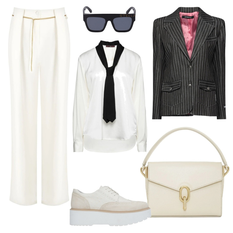 Outfit donna - I pantaloni palazzo e il blazer gessato. Stile Trendy per Serata fuori. Abbinamento con scarpe stringate, bluse, blazer, pantaloni a palazzo, borse a mano, occhiali da sole.