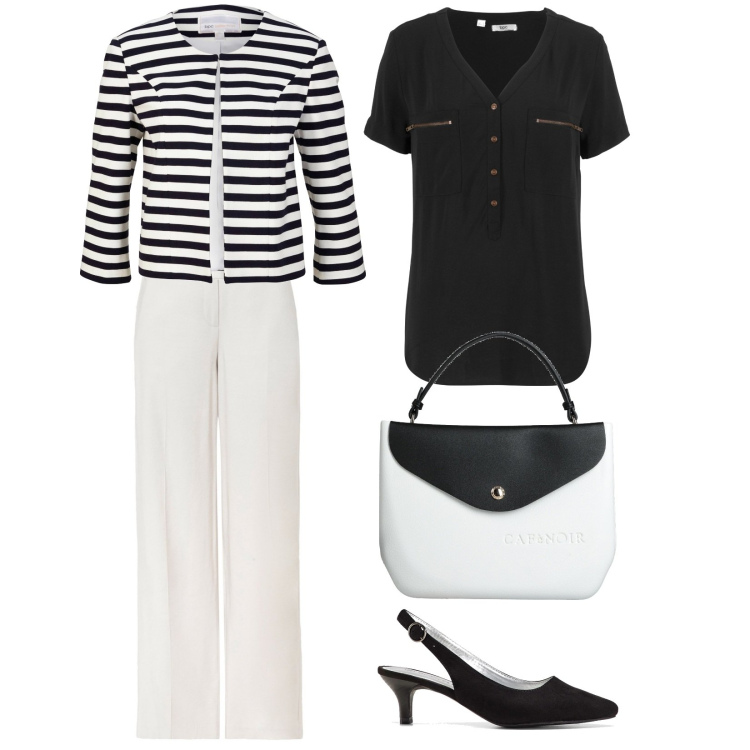 Outfit donna - Black&white. Stile Casual chic per Ufficio. Abbinamento con camicie a manica corta, décolleté, blazer, pantaloni a palazzo, borse a mano.