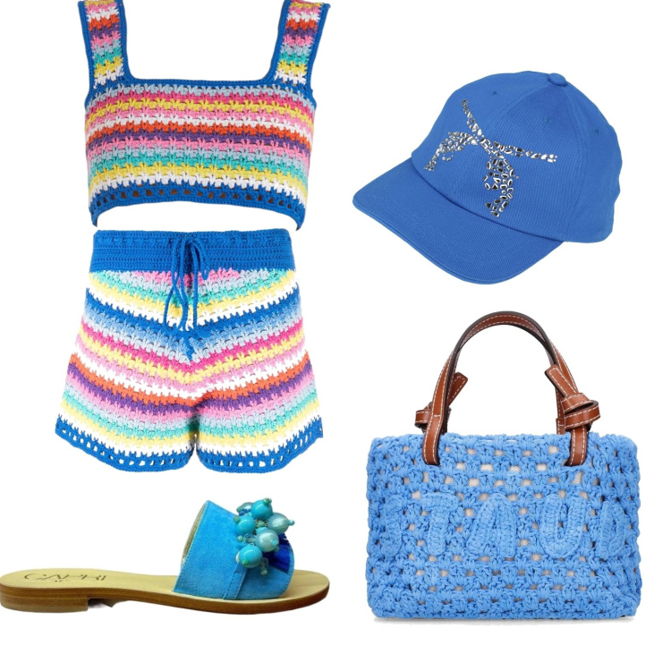 Outfit donna - Alla Spiaggia. Stile Casual per Tutti i giorni. Abbinamento con cappelli con visiera, ciabatte, pantaloni corti, top, borse a mano.