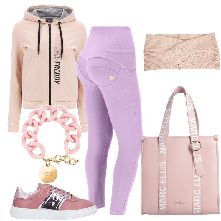 Outfit donna - Total look #1611063. Stile Sporty chic per Sport. Abbinamento con sneakers, borse a mano, pantaloni skinny, felpe con cappuccio, braccialetti, fasce per capelli.