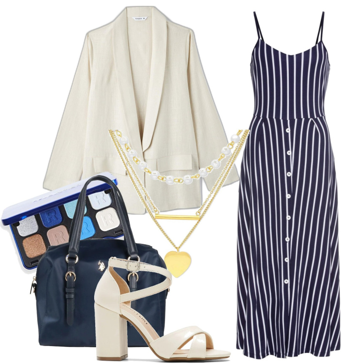 Outfit donna - Il vestito a righe per l\'ufficio. Stile Urban per Ufficio. Abbinamento con borse a mano, vestiti midi/longuette, sandali col tacco, blazer, collane, ombretti.