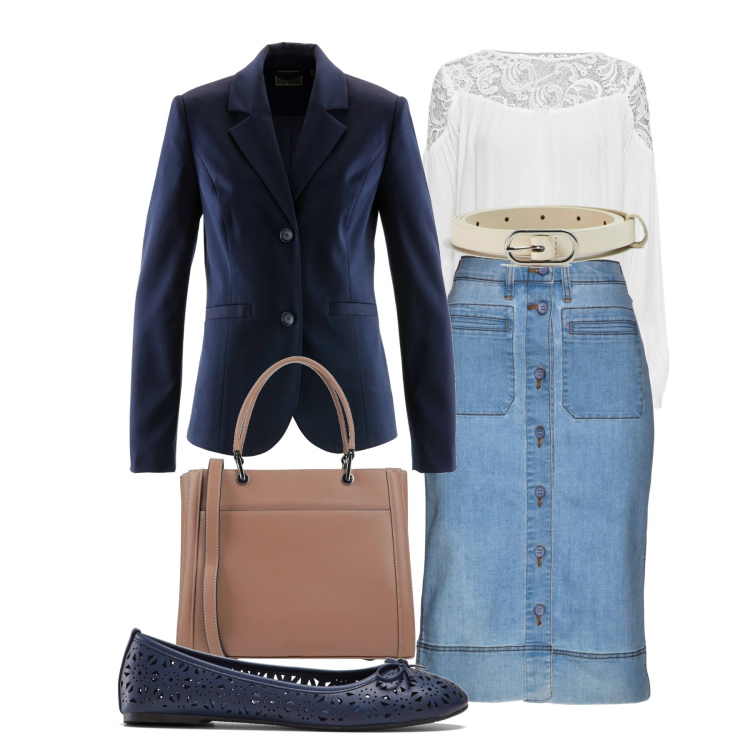 Outfit donna - Bon ton in pizzo e denim. Stile Bon Ton per Tutti i giorni. Abbinamento con gonne, tuniche, blazer, ballerine, borse a mano, cinture.