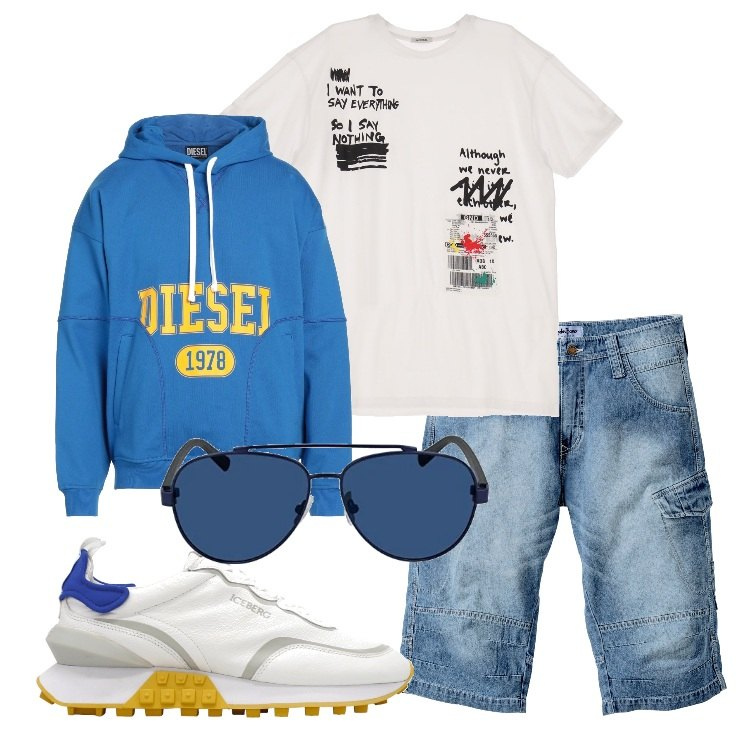 Outfit uomo - Bermuda in jeans e felpa. Stile Casual per Tutti i giorni. Abbinamento con bermuda, felpe con cappuccio, t-shirt, sneakers, occhiali da sole.