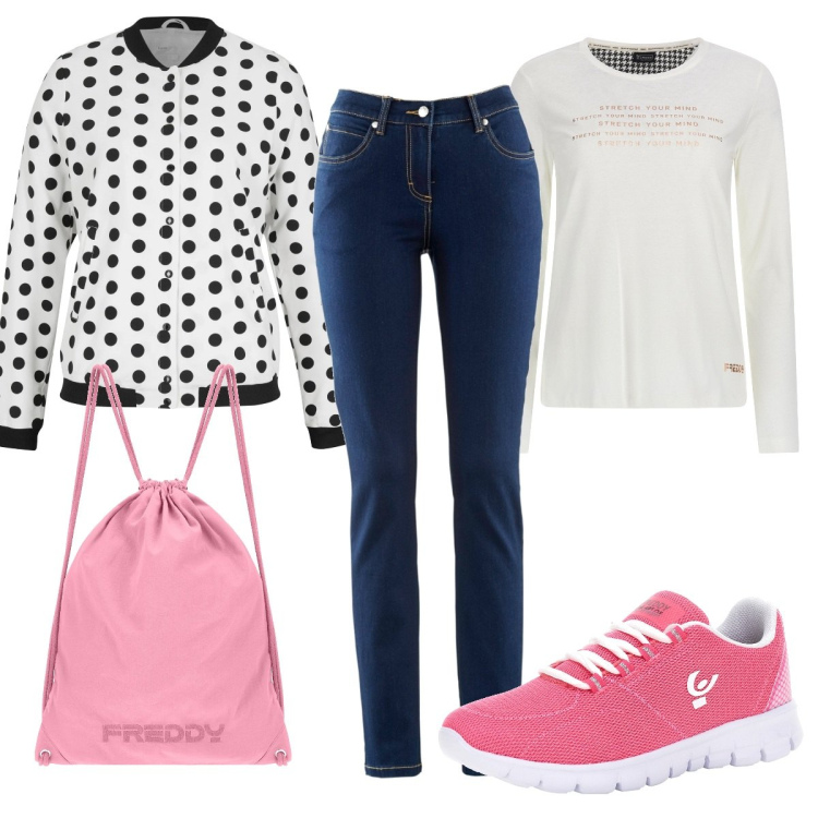 Outfit donna - Basic a pois. Stile Basic per Tutti i giorni. Abbinamento con jeans dritti, bomber, sneakers, t-shirt, zaini.