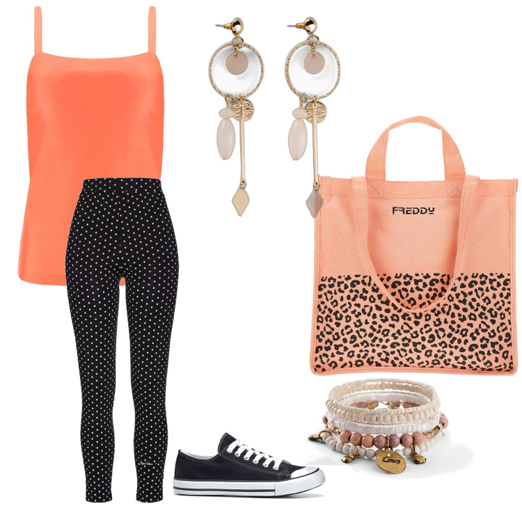 Outfit donna - Arancio e pois. Stile Casual chic per Tutti i giorni. Abbinamento con orecchini, braccialetti, leggings, scarpe sportive, canottiere, shopping bag.