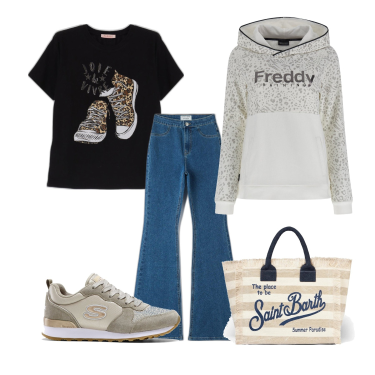 Outfit donna - In libertà. Stile Casual per Tutti i giorni. Abbinamento con sneakers, jeggings, t-shirt, borse a spalla, felpe con cappuccio.