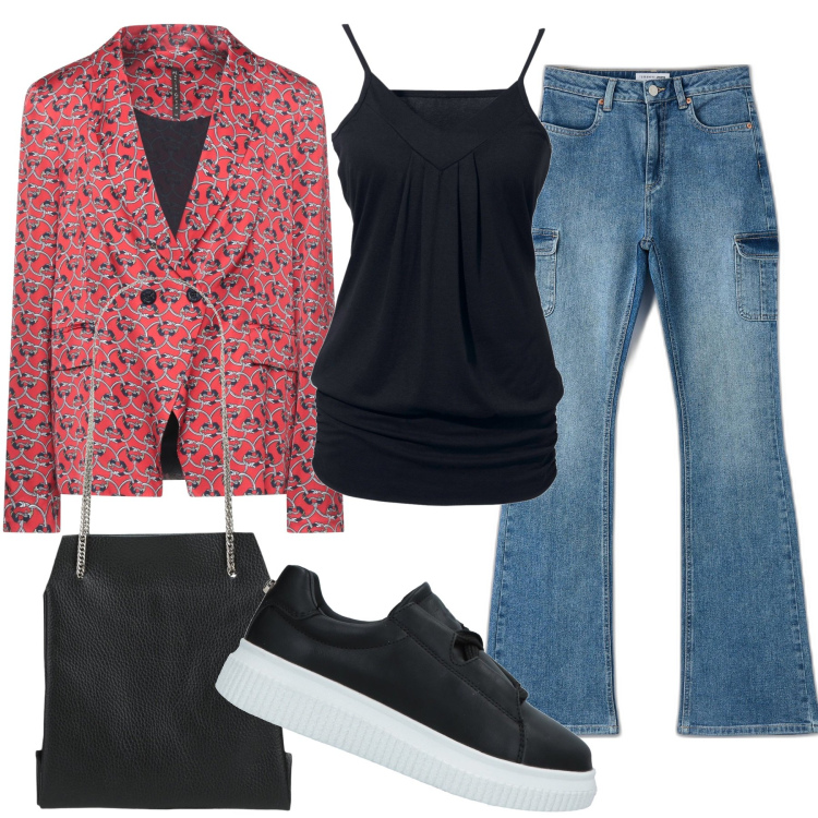 Outfit donna - Pratica 2.0. Stile Urban per Ufficio. Abbinamento con top, blazer, sneakers, borse a mano, jeans a zampa.
