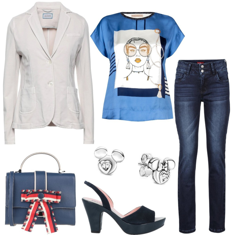 Outfit donna - Total look #1611486. Stile Casual chic per Serata fuori. Abbinamento con jeans, sandali in pelle, blazer, borse a mano, bluse, orecchini.