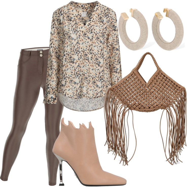 Outfit donna - Vagamente boho. Stile Boho per Tutti i giorni. Abbinamento con bluse, stivaletti, pantaloni skinny, shopping bag, orecchini.