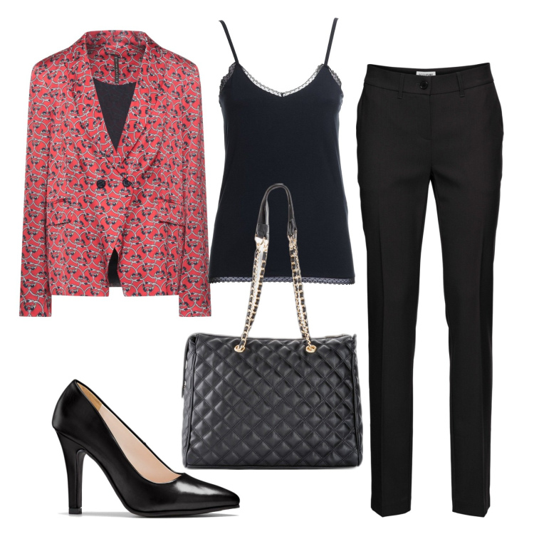 Outfit donna - Invito. Stile Casual chic per Serata fuori. Abbinamento con pantaloni, shopping bag, décolleté, blazer, canottiere.