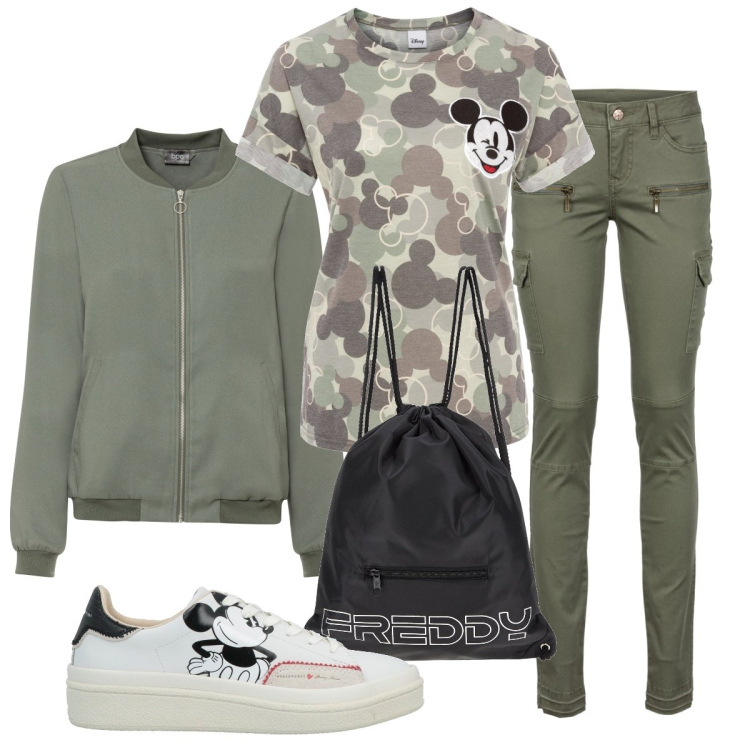 Outfit donna - Topolino mimetico. Stile Military per Scuola/Università. Abbinamento con pantaloni cargo, maglieria, bomber, sneakers, zaini.