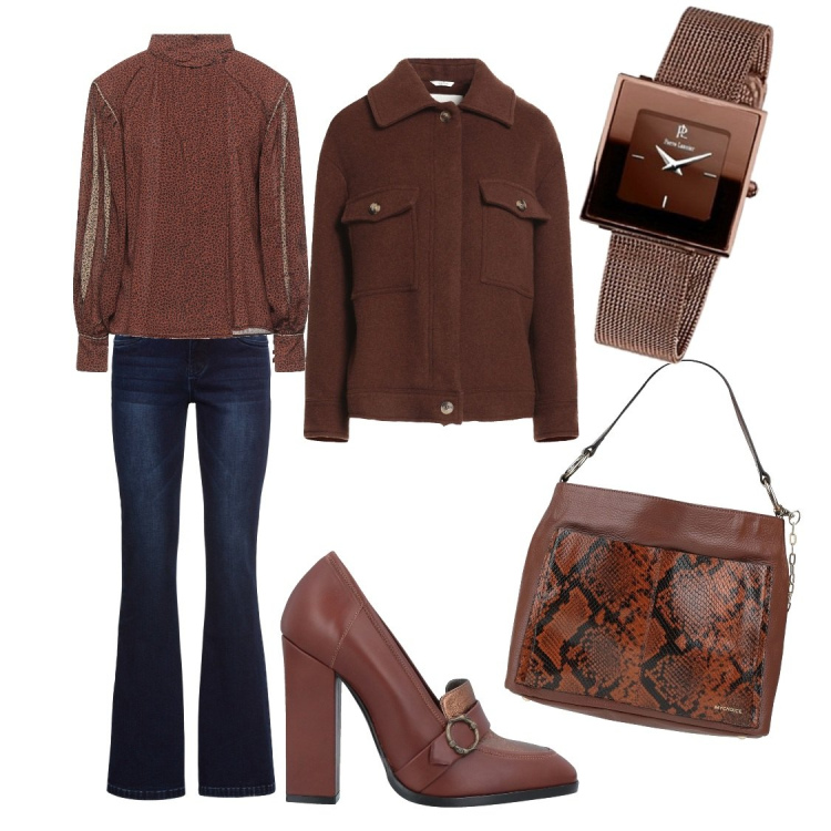 Outfit donna - Viva il marrone. Stile Urban per Tutti i giorni. Abbinamento con jeans bootcut, camicie, mocassini, giacche, borse a mano, orologi.