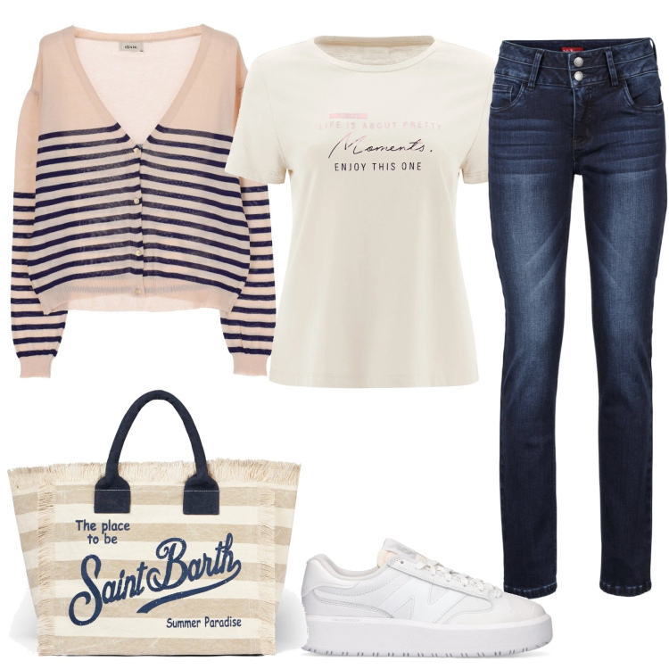 Outfit donna - Adoro le righe. Stile Basic per Scuola/Università. Abbinamento con jeans, borse a spalla, t-shirt, cardigans, sneakers.