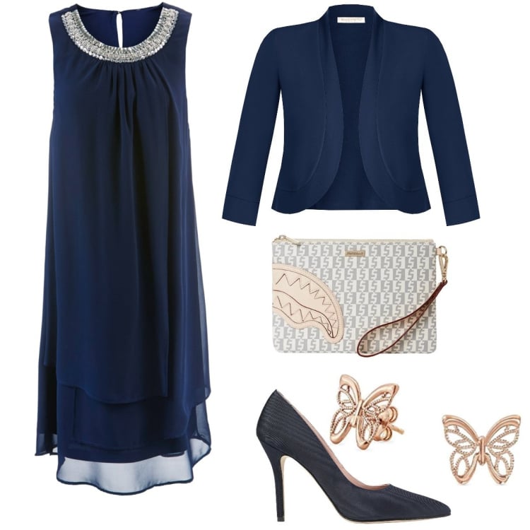 Outfit donna - Classy-glam. Stile Casual chic per Serata fuori. Abbinamento con vestiti, décolleté, bolero, pochette, orecchini.
