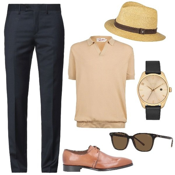 Outfit uomo - Lo stile Vintage per Lui. Stile Trendy per Serata speciale. Abbinamento con polo, occhiali da sole, scarpe stringate, pantaloni, orologi, cappelli.