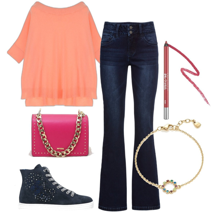 Outfit donna - Serata super funny!. Stile Casual chic per Serata fuori. Abbinamento con jeans bootcut, sneakers alte, maglieria, pochette, braccialetti, matite labbra.