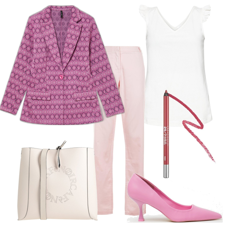 Outfit donna - L\'ufficio in rosa. Stile Trendy per Ufficio. Abbinamento con top, borse a tracolla, pantaloni, giacche, décolleté, matite labbra.