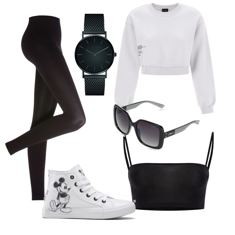 Outfit donna - SPORT. Stile Basic per Sport. Abbinamento con leggings, sneakers alte, top, felpe, orologi, occhiali da sole.