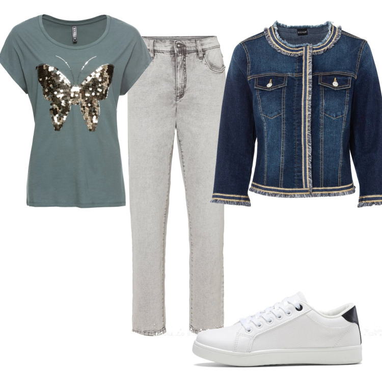 Outfit donna - Total look #1612264. Stile Casual per Tutti i giorni. Abbinamento con blazer, bluse, jeans mom, sneakers.