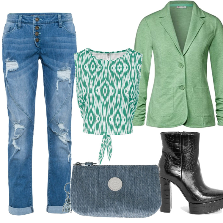 Outfit femme - Sortie au cinéma. Style Casual pour Soirée dehors. Assortir avec jean déchiré, hauts, bottines, blazers, pochette.