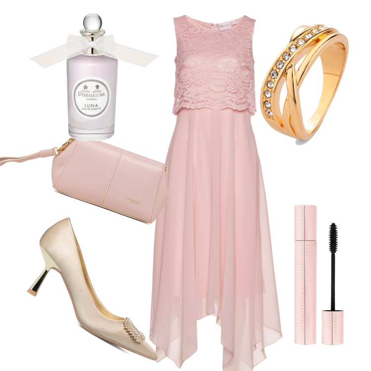 Outfit donna - Romantico rosa. Stile Glamour per Cerimonia. Abbinamento con vestiti midi/longuette, anelli, décolleté, clutch, mascara, profumi.