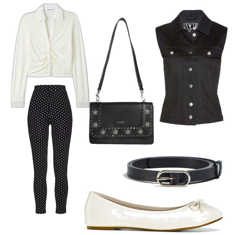 Outfit donna - Pois?Oui. Stile Casual chic per Tutti i giorni. Abbinamento con ballerine, leggings, gilet, borse a spalla, camicie, cinture.