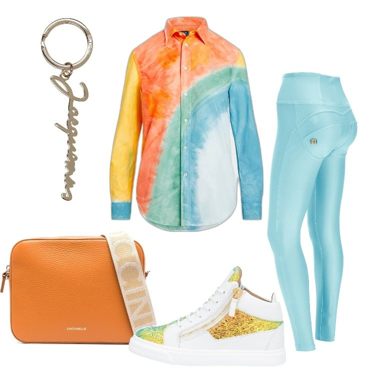 Outfit donna - Maggio colorato. Stile Trendy per Tutti i giorni. Abbinamento con sneakers, borse a tracolla, pantaloni skinny, camicie, portachiavi.
