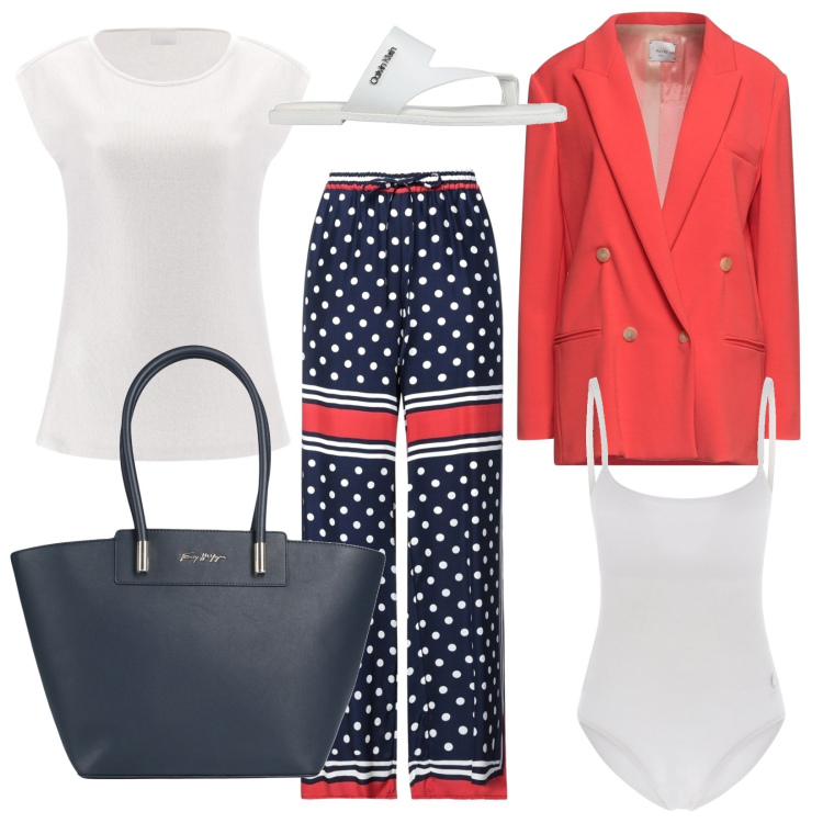 Outfit donna - Il pantalone che vorrei. Stile Bon Ton per Serata fuori. Abbinamento con pantaloni, blazer, borse a mano, infradito, body, t-shirt.
