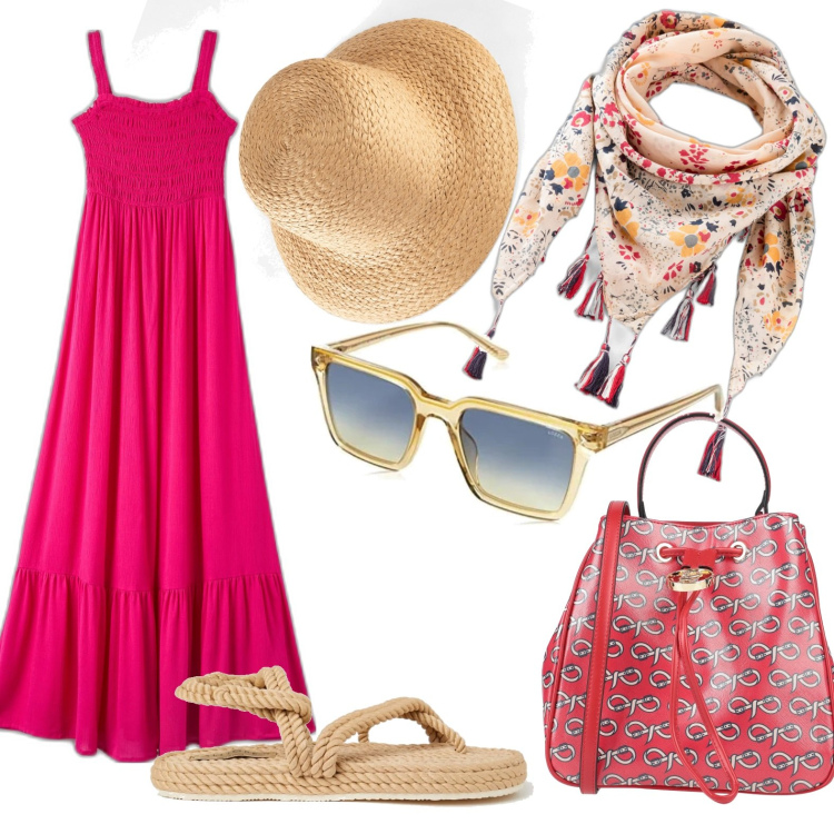 Outfit donna - Estate. Stile Casual per Tutti i giorni. Abbinamento con felpe, foulard, borse a mano, vestiti lunghi, infradito, occhiali da sole.