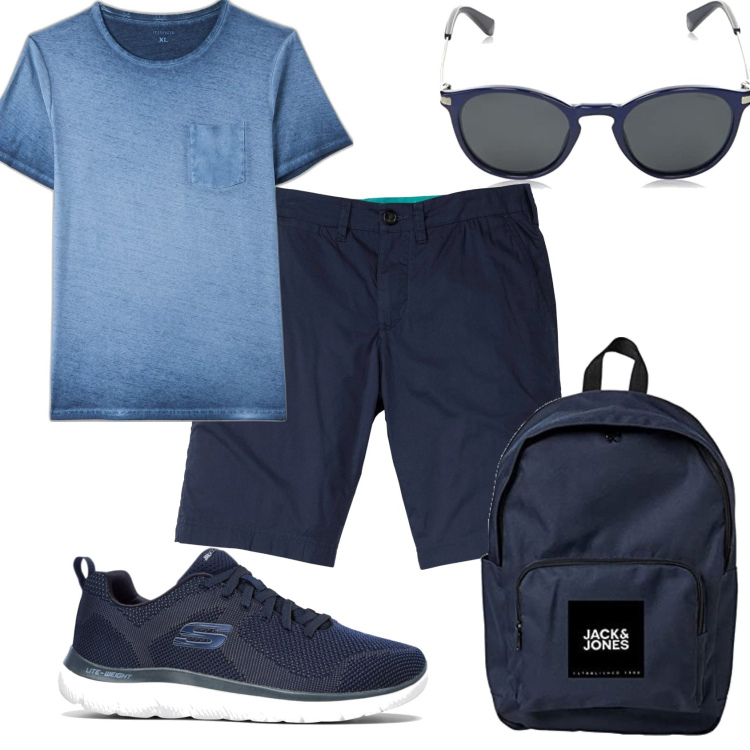 Outfit uomo - In libertà nel fine settimana. Stile Urban per Tutti i giorni. Abbinamento con bermuda, sneakers, t-shirt, borse sportive, occhiali da sole.