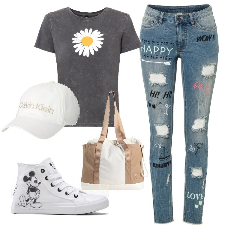 Outfit donna - picnic con amiche. Stile Urban per Tutti i giorni. Abbinamento con t-shirt, jeans skinny, sneakers alte, borse a spalla, cappelli.