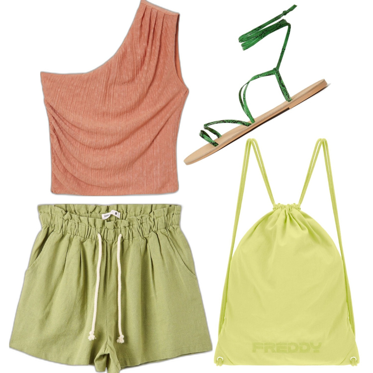 Outfit donna - Fresca d\'estate. Stile Basic per Mare. Abbinamento con shorts, top, sandali alla schiava, zaini.