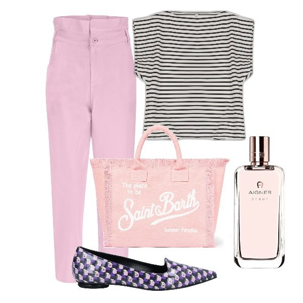 Outfit donna - Jeans rosa vita alta. Stile Chic per Tutti i giorni. Abbinamento con ballerine, jeans, t-shirt, borse a spalla, profumi.