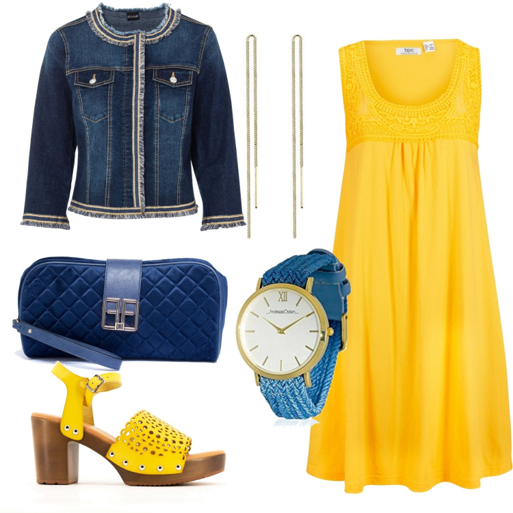 Outfit donna - Blu & giallo. Stile Chic per Tutti i giorni. Abbinamento con blazer, vestiti senza maniche, pochette, infradito, orecchini, orologi analogici.