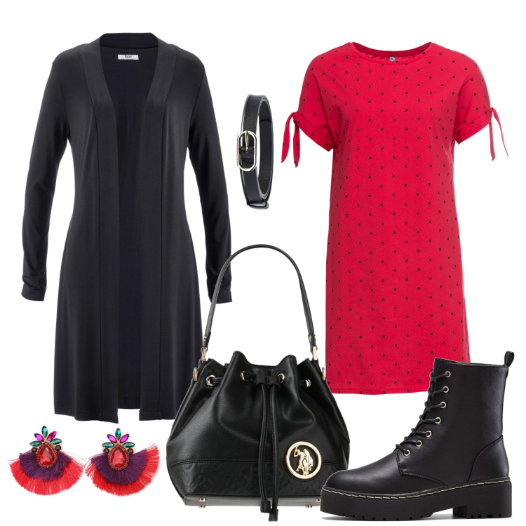 Outfit donna - L\'abito a pois. Stile Trendy per Tutti i giorni. Abbinamento con cardigans, stivaletti, vestiti corti, borse a mano, cinture, orecchini.