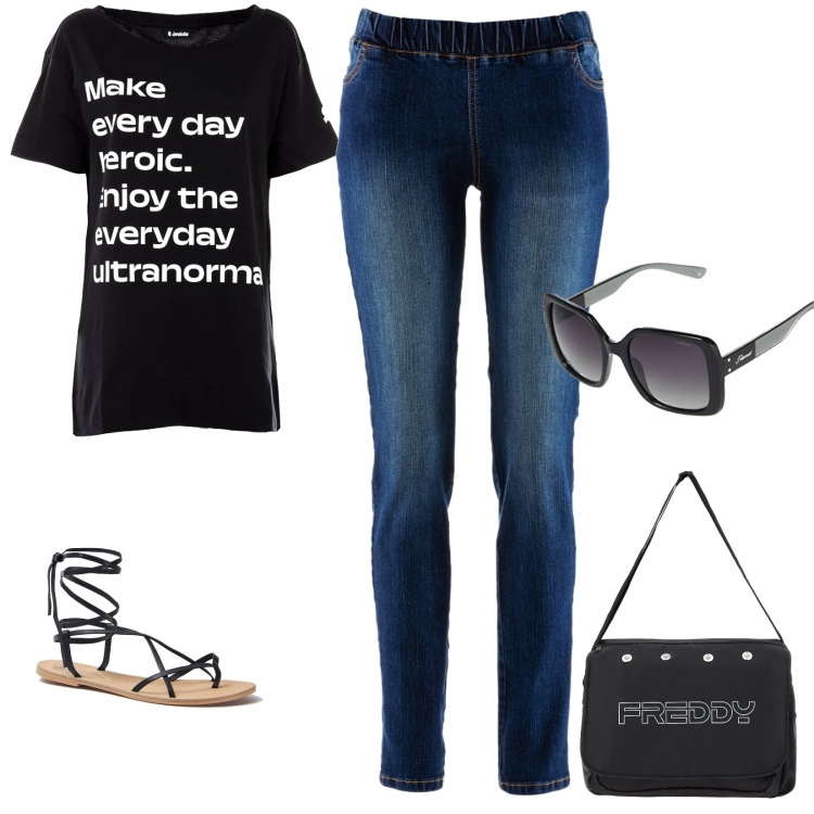 Outfit donna - Stiloso. Stile Urban per Tutti i giorni. Abbinamento con treggings, sandali alla schiava, t-shirt, borse messenger, occhiali da sole.