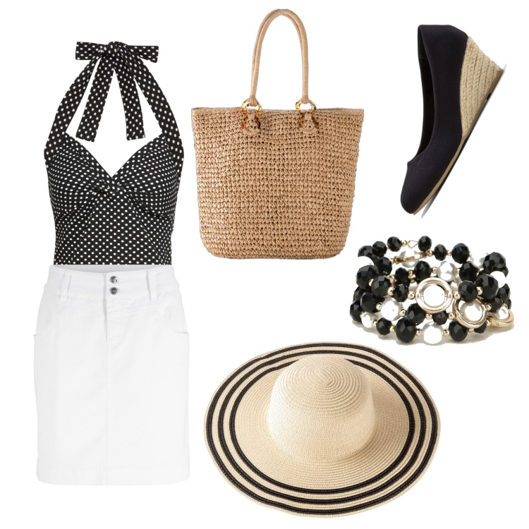 Outfit donna - Glamour at the sea. Stile Glamour per Mare. Abbinamento con minigonne, top, cappelli, décolleté, shopping bag, braccialetti.