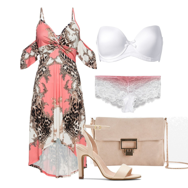 Outfit donna - Un outfit per una cerimonia. Stile Glamour per Cerimonia. Abbinamento con reggiseni, vestiti asimmetrici, pochette, culotte, sandali col tacco.