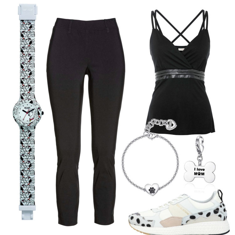 Outfit donna - I love dog. Stile Urban per Tutti i giorni. Abbinamento con pantaloni, top, sneakers, orologi, braccialetti.