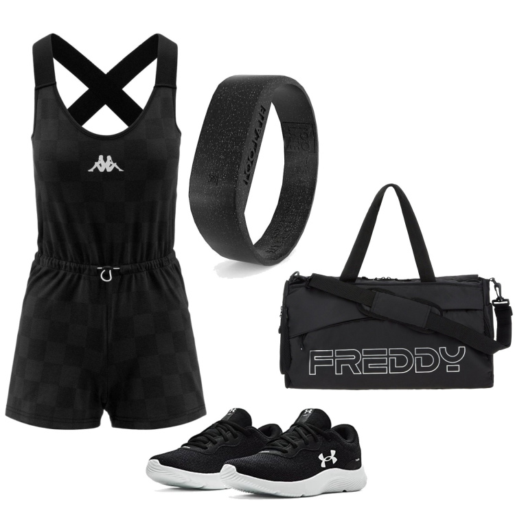 Outfit donna - Tuta in palestra. Stile Sporty chic per Sport. Abbinamento con orologi digitali, tute, borse sportive, scarpe sportive.