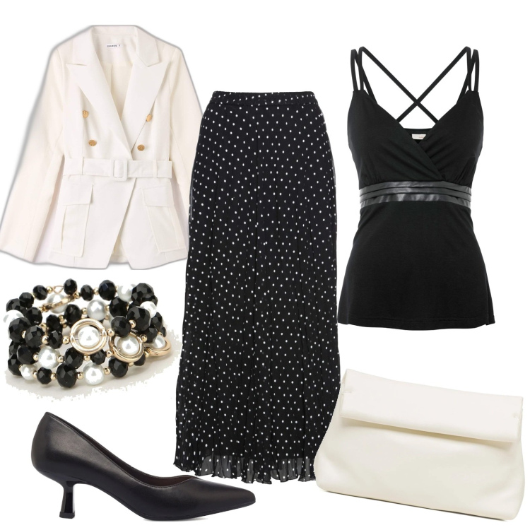 Outfit donna - Total look #1614023. Stile Bon Ton per Ufficio. Abbinamento con gonne, top, giacche, braccialetti, borse a tracolla, décolleté.
