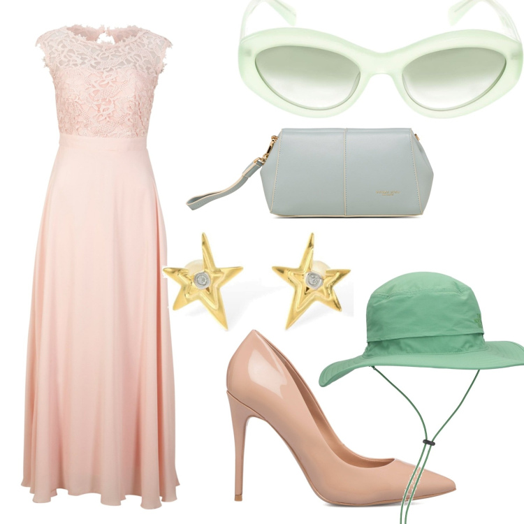 Outfit donna - Rosà e.verde. Stile Romantica per Cerimonia. Abbinamento con vestiti lunghi, décolleté, clutch, cappelli, orecchini, occhiali da sole.