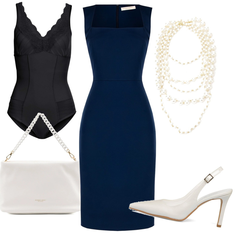 Outfit donna - Blu è bello. Stile Bon Ton per Cerimonia. Abbinamento con body, vestiti a tubino, collane, décolleté, borse a spalla.