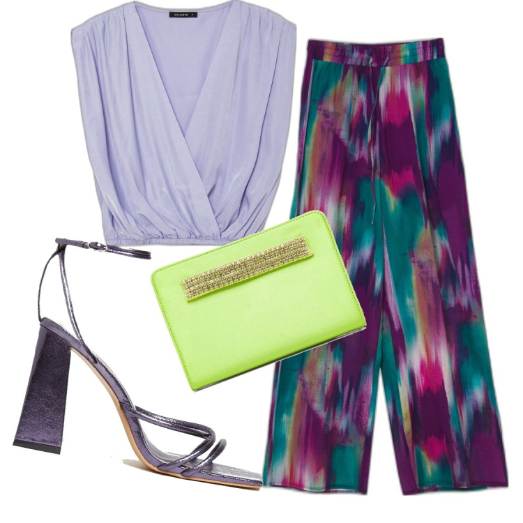 Outfit donna - L\'eleganza dei colori. Stile Casual chic per Cerimonia. Abbinamento con pantaloni a palazzo, bluse, sandali in pelle, clutch.