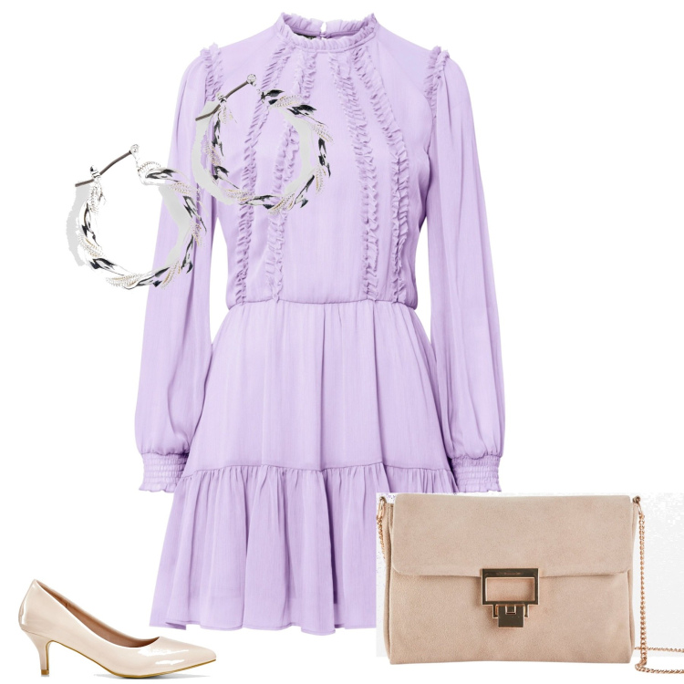 Outfit donna - Cerimonia in lilla. Stile Chic per Cerimonia. Abbinamento con orecchini, vestiti, décolleté, pochette.
