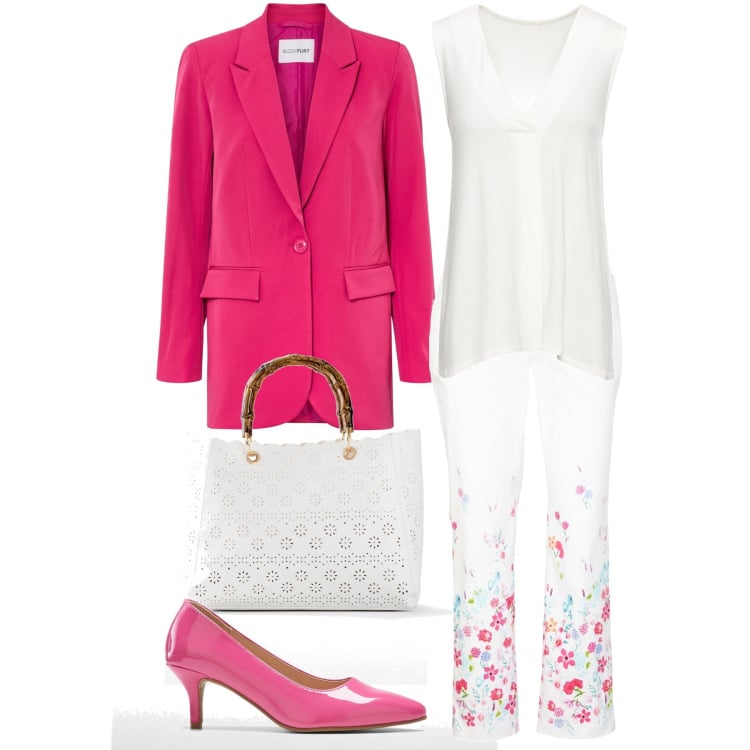 Outfit donna - In giacca e pantaloni. Stile Chic per Cerimonia. Abbinamento con top, pantaloni, blazer, décolleté, borse a mano.