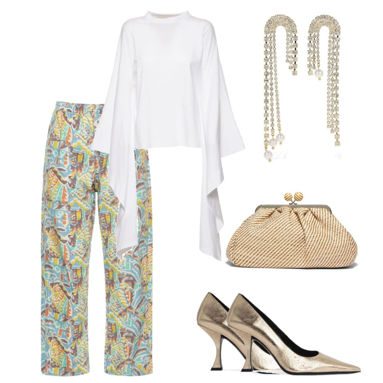 Outfit donna - Perfetta in oro. Stile Bon Ton per Cerimonia. look ideale per Tall. Abbinamento con pantaloni, t-shirt, pochette, décolleté, orecchini.