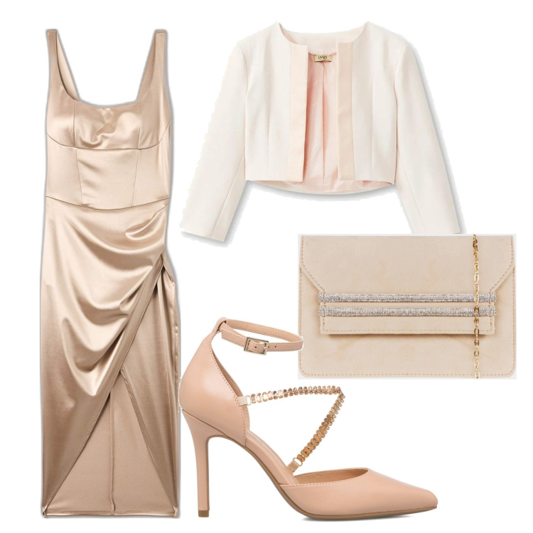 Outfit donna - Beige e oro. Stile Chic per Cerimonia. Abbinamento con vestiti midi/longuette, pochette, giacche, décolleté.