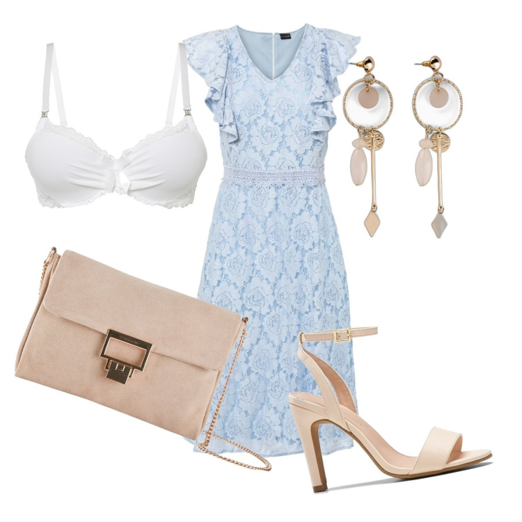 Outfit donna - Cerimonia d\'estate. Stile Romantica per Cerimonia. Abbinamento con orecchini, vestiti, sandali col tacco, reggiseni, pochette.