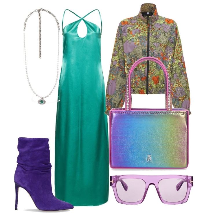 Outfit donna - Colors. Stile Glamour per Cerimonia. Abbinamento con giacche, vestiti, stivaletti, collane, occhiali da sole, borse a mano.